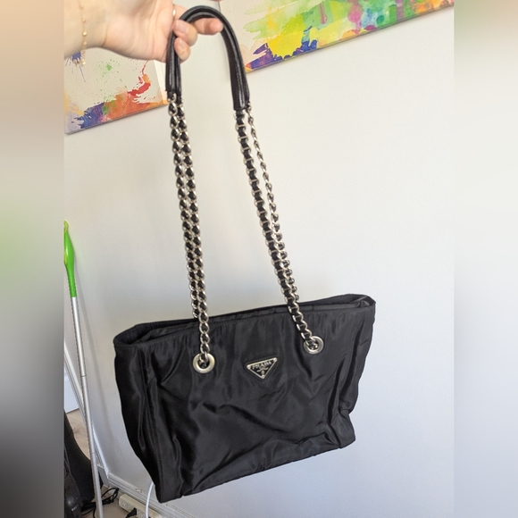 AUTHENTIC VINTAGE Prada Tessuto Chain Bag - Black w/ Silver Hardware - Picture 12 of 17
